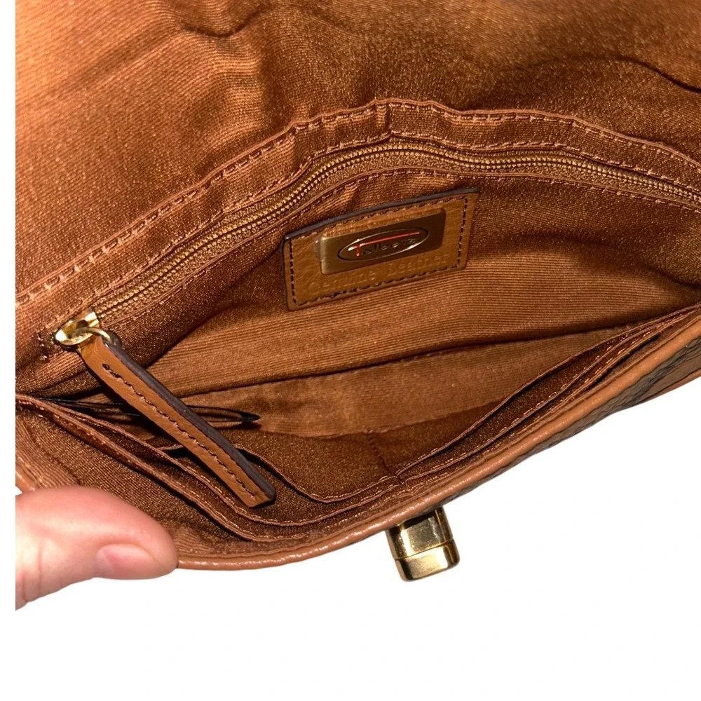 Talbots Pebbled Leather Turnlock Wristlet‎ Tan Brown Gold Hardware Clutch Bag